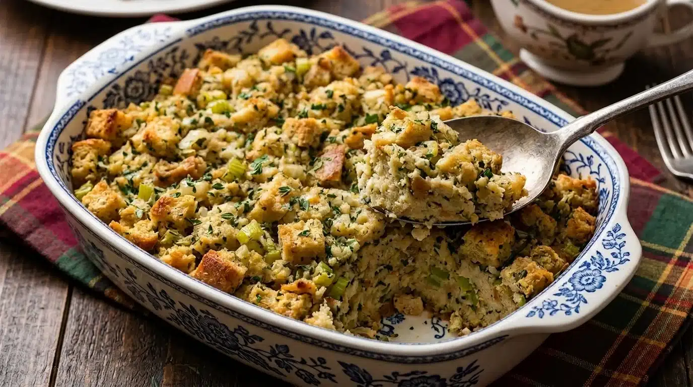 Homemade bread stuffing baked with herbs, celery, and golden toasted bread cubes.