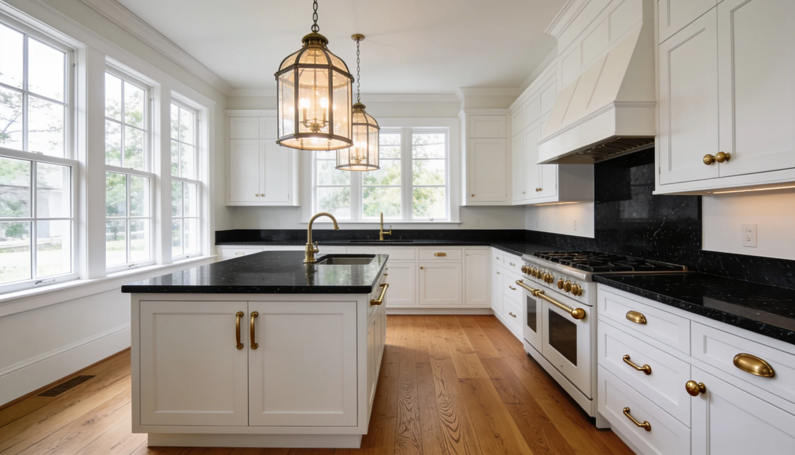 Classic white shaker kitchen with black granite countertops, warm wood flooring, brass hardware, and a central island surrounded by large sunlit windows.