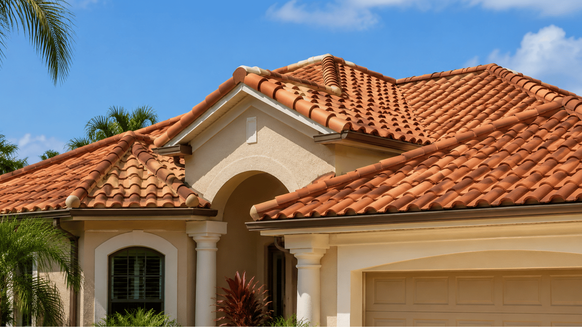 terracotta clay tile roof on a white stucco home with gutters, trees, and a wooden garage door