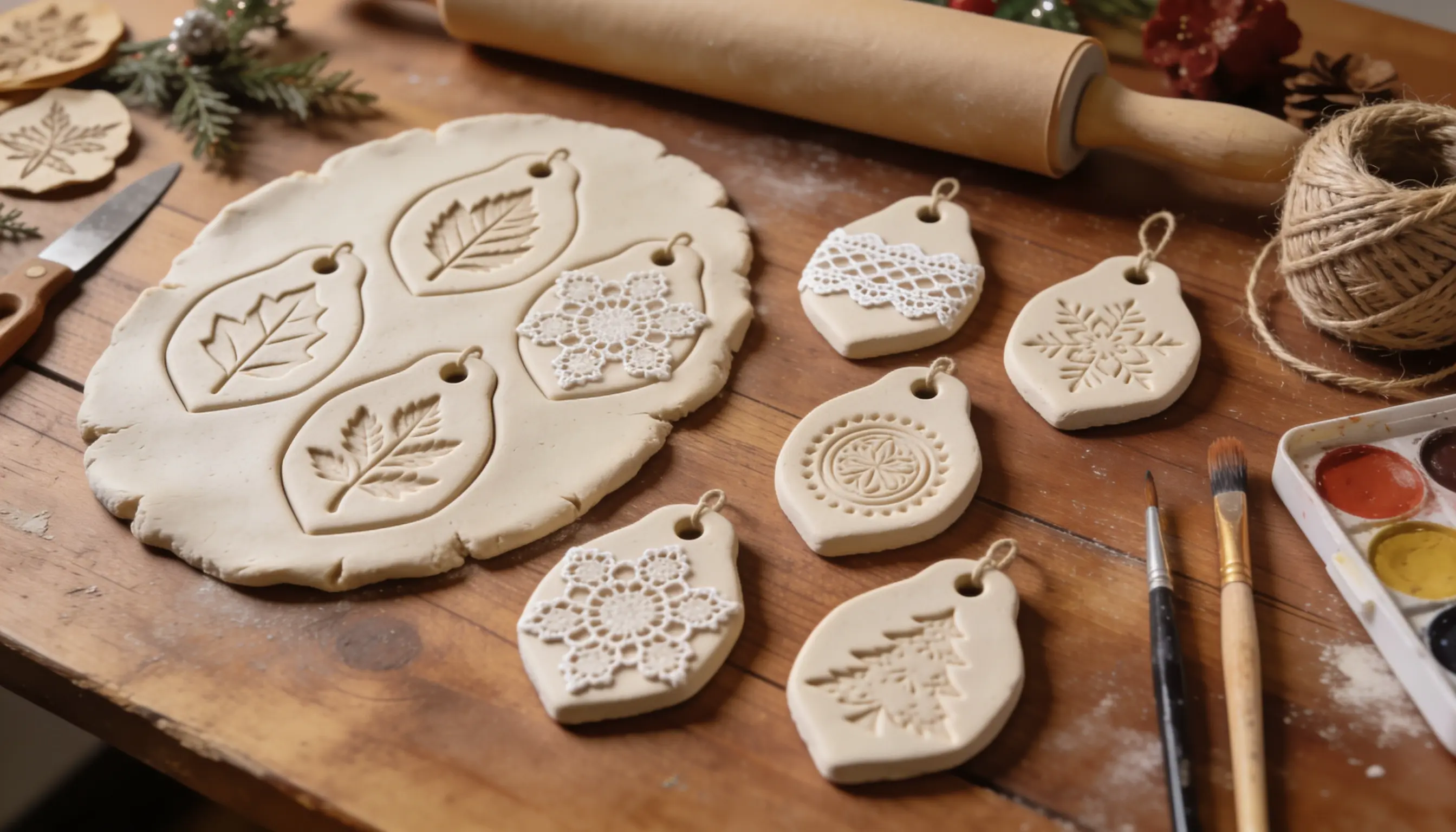 Clay ornaments with leaf, snowflake, and tree imprints are arranged on a wooden surface with crafting supplies.