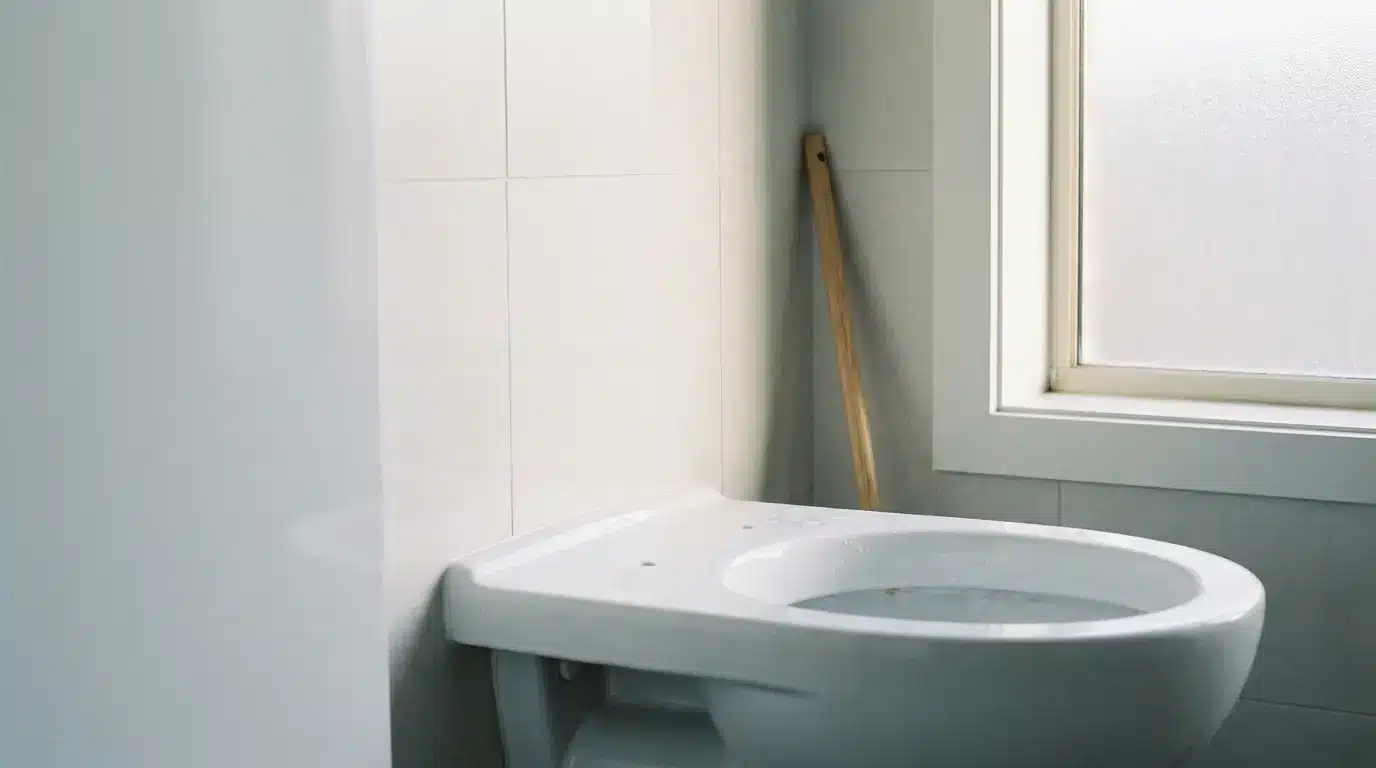 Toilet bowl with a wooden brush leaning against the tiled wall in a bright bathroom