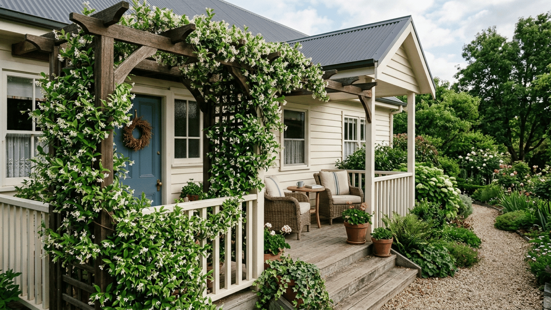 a wooden trellis covered with climbing jasmine vines