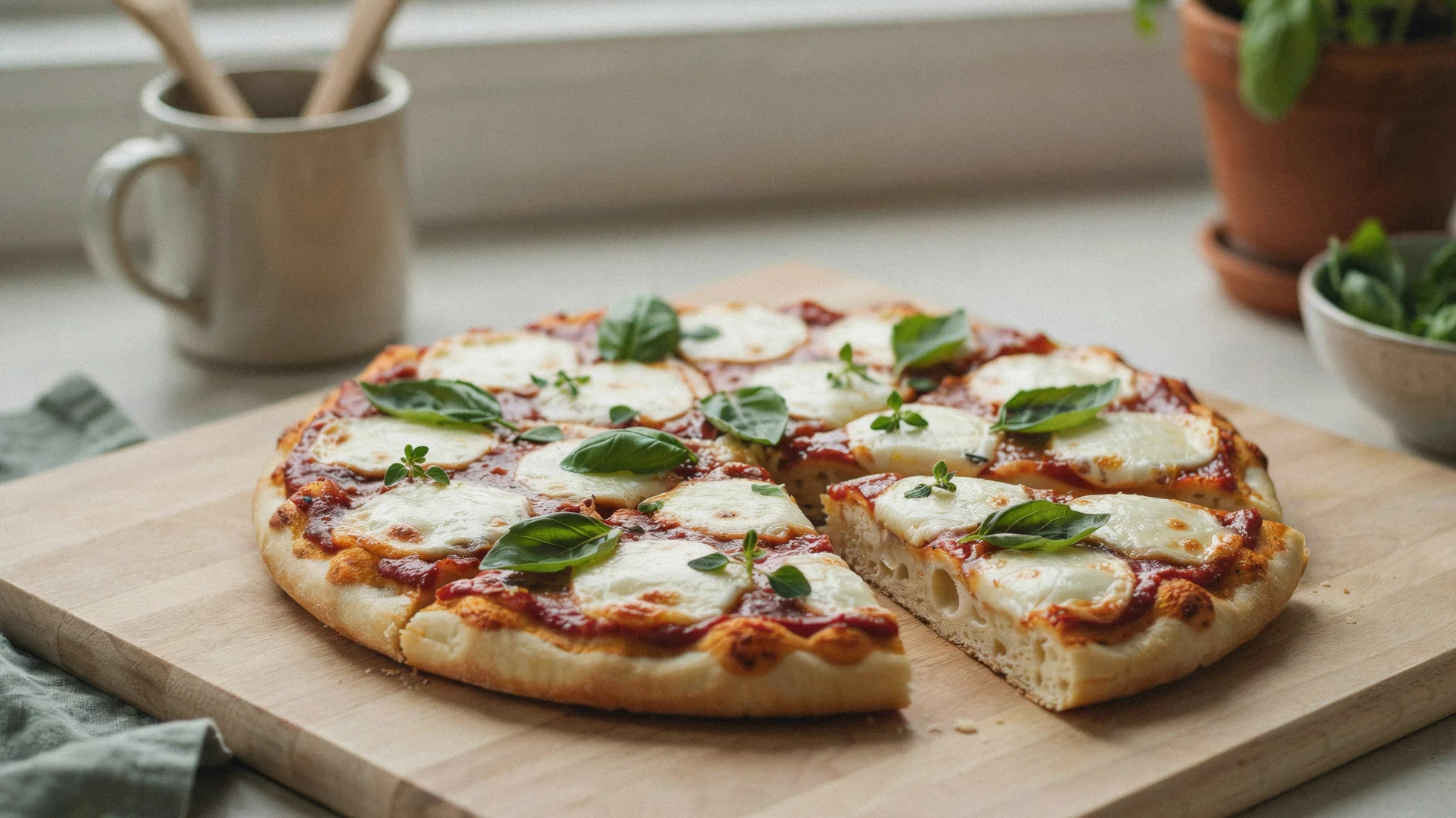 A wooden cutting board holds a delicious pizza adorned with gooey cheese and vibrant basil leaves.