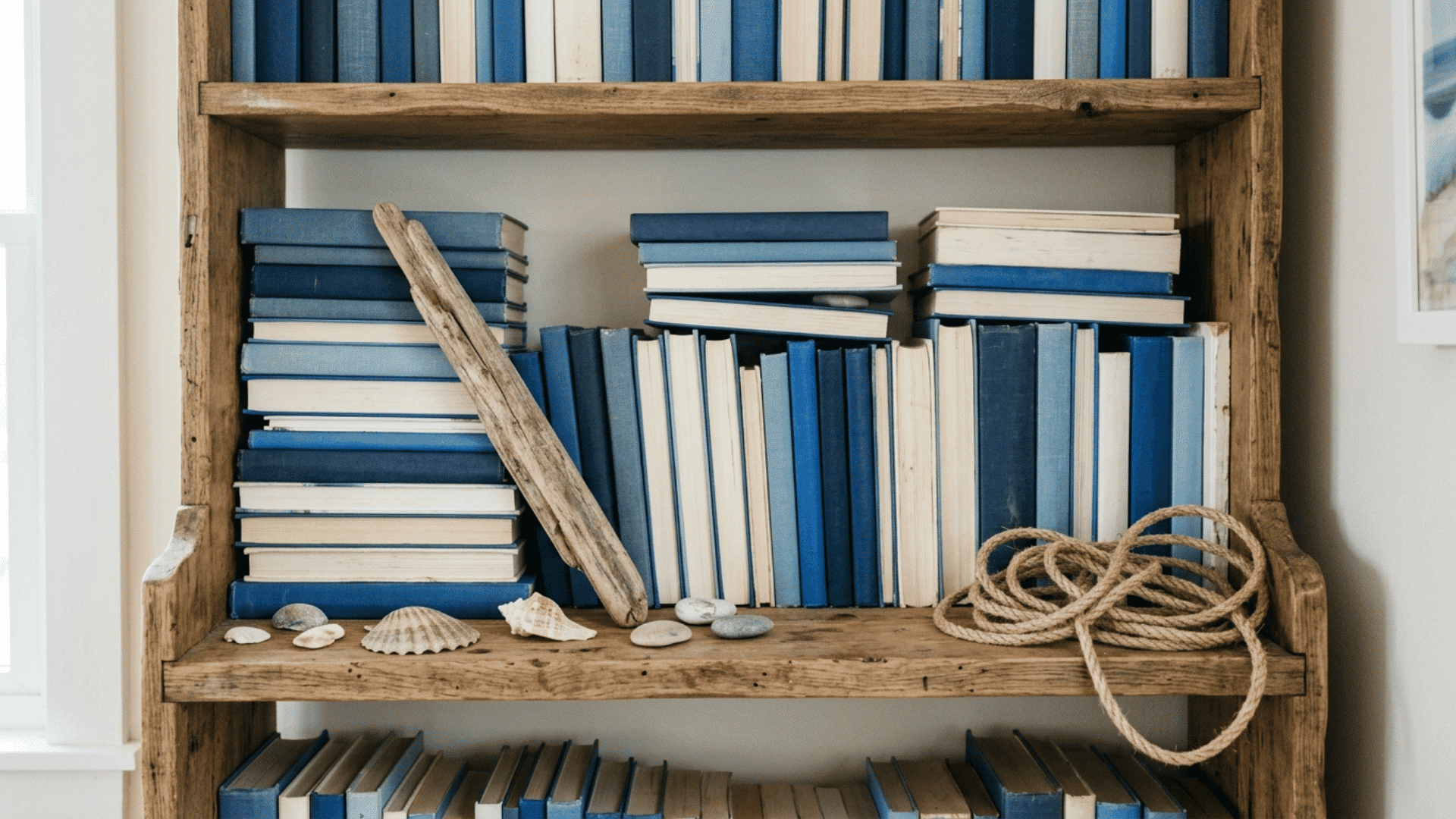 wooden bookshelf styled with blue and white books driftwood shells and coiled rope
