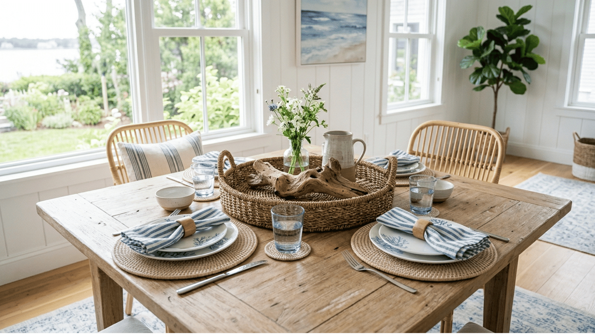 coastal dining table decor with seagrass tray and rattan accents