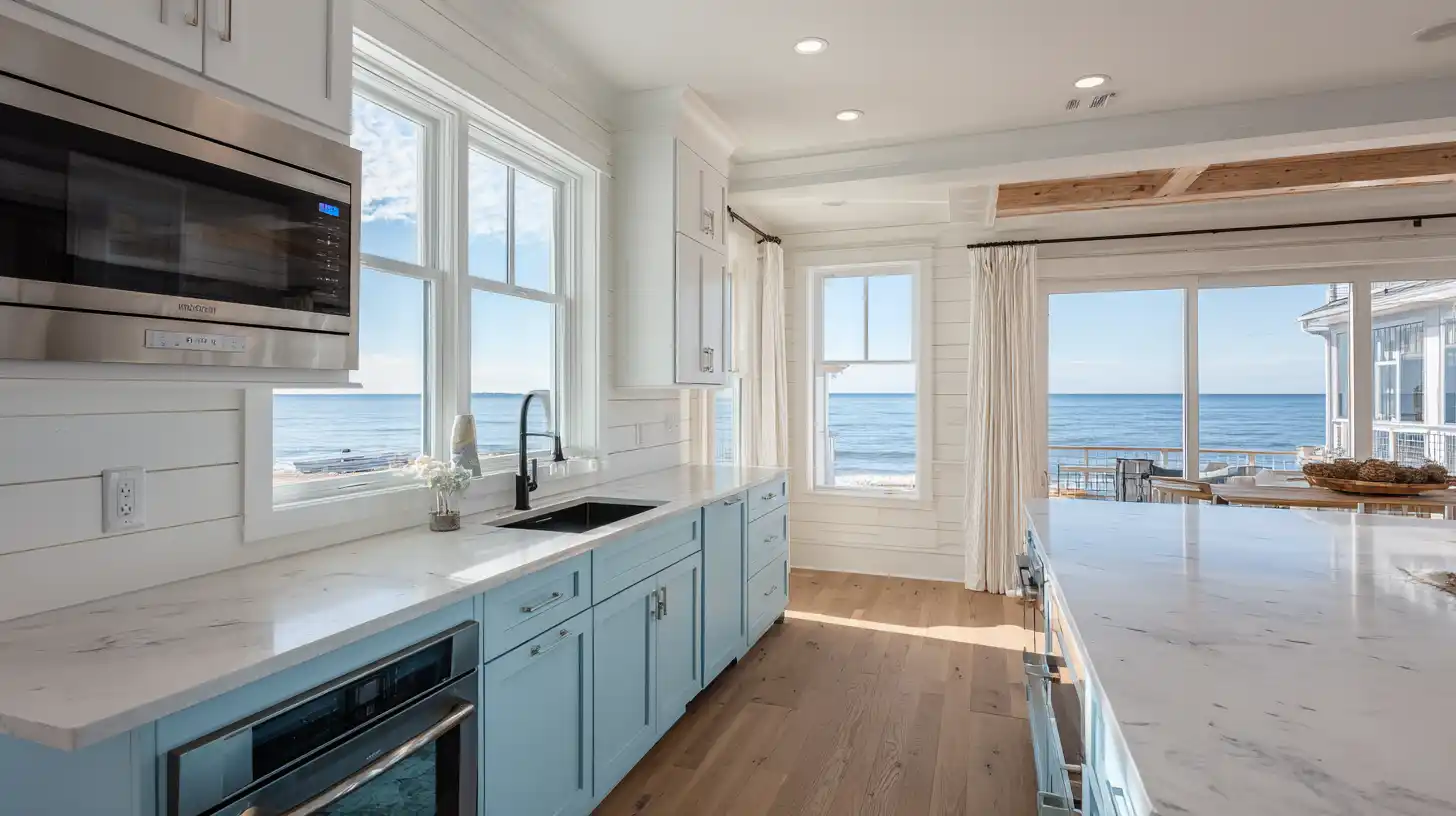 Coastal kitchen with soft blue cabinets, white countertops, light wood flooring, and large windows showcasing an ocean view with abundant natural light.