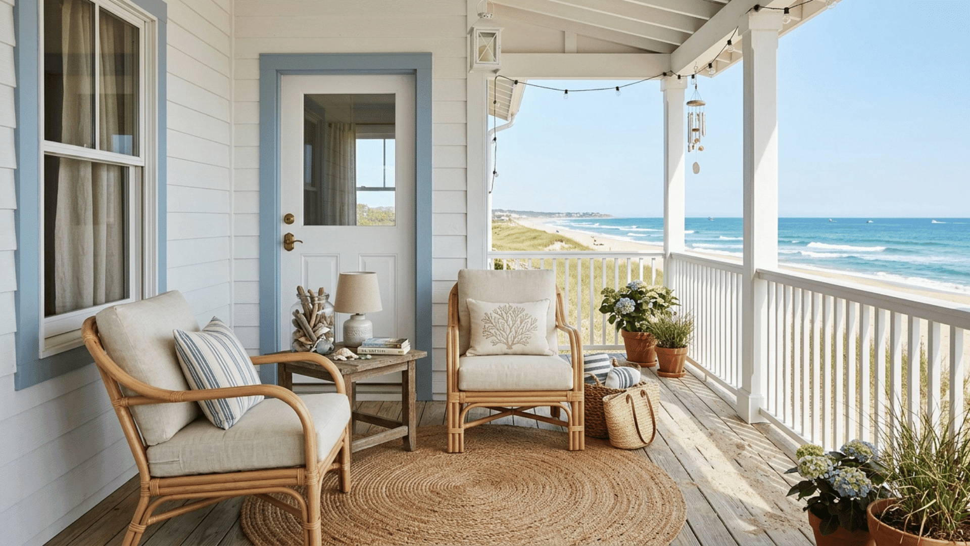 coastal decor with rattan chairs and driftwood accents