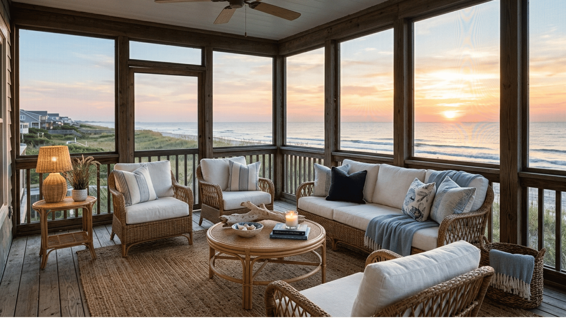 coastal screened porch with rattan furniture and soft blue coastal decor
