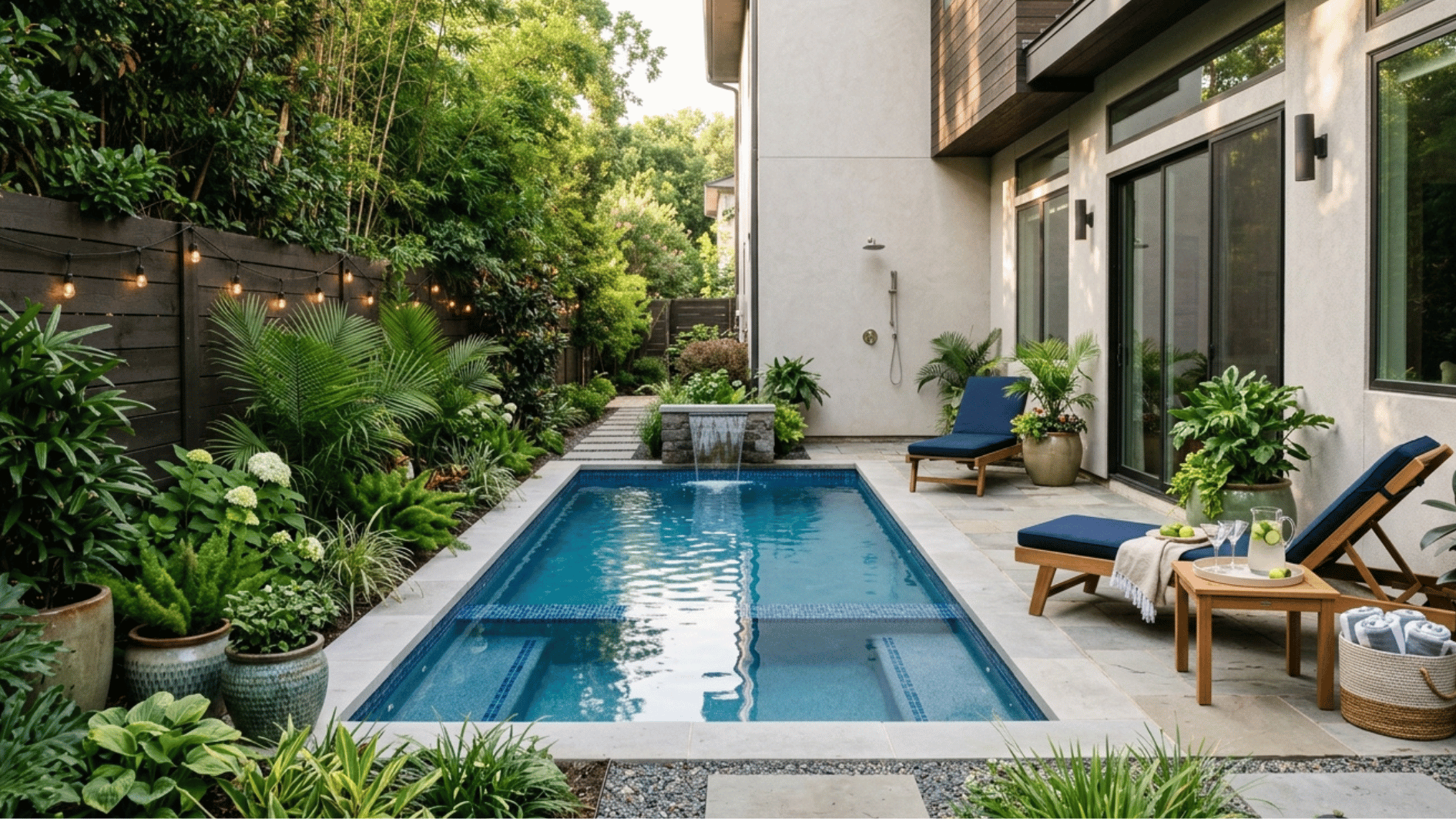 narrow cocktail pool fitted into a home side yard