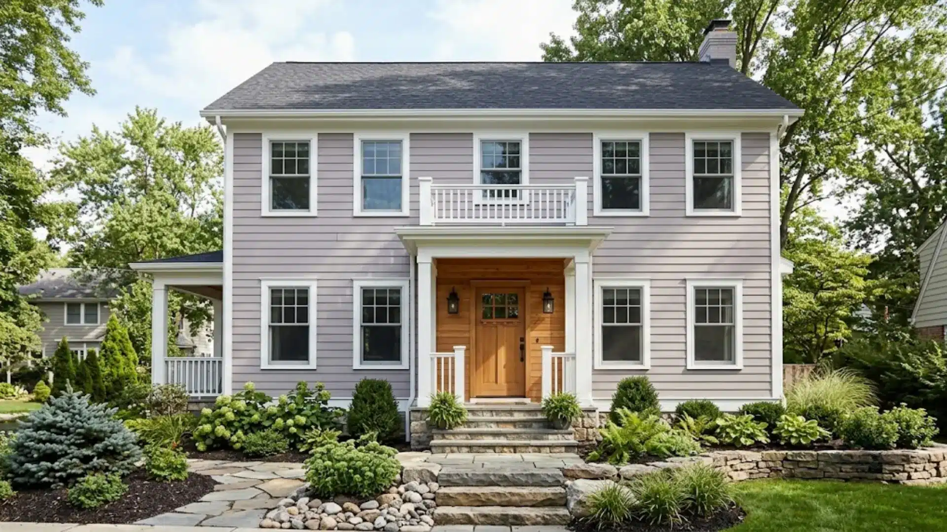 Benjamin Moore Collingwood exterior with white trim, wood front door, and lush front yard landscaping.