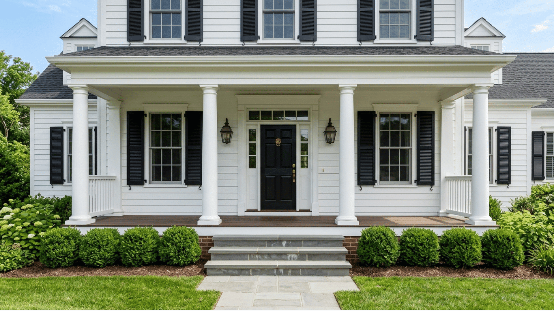 colonial symmetry with boxwood shrubs and lantern sconces