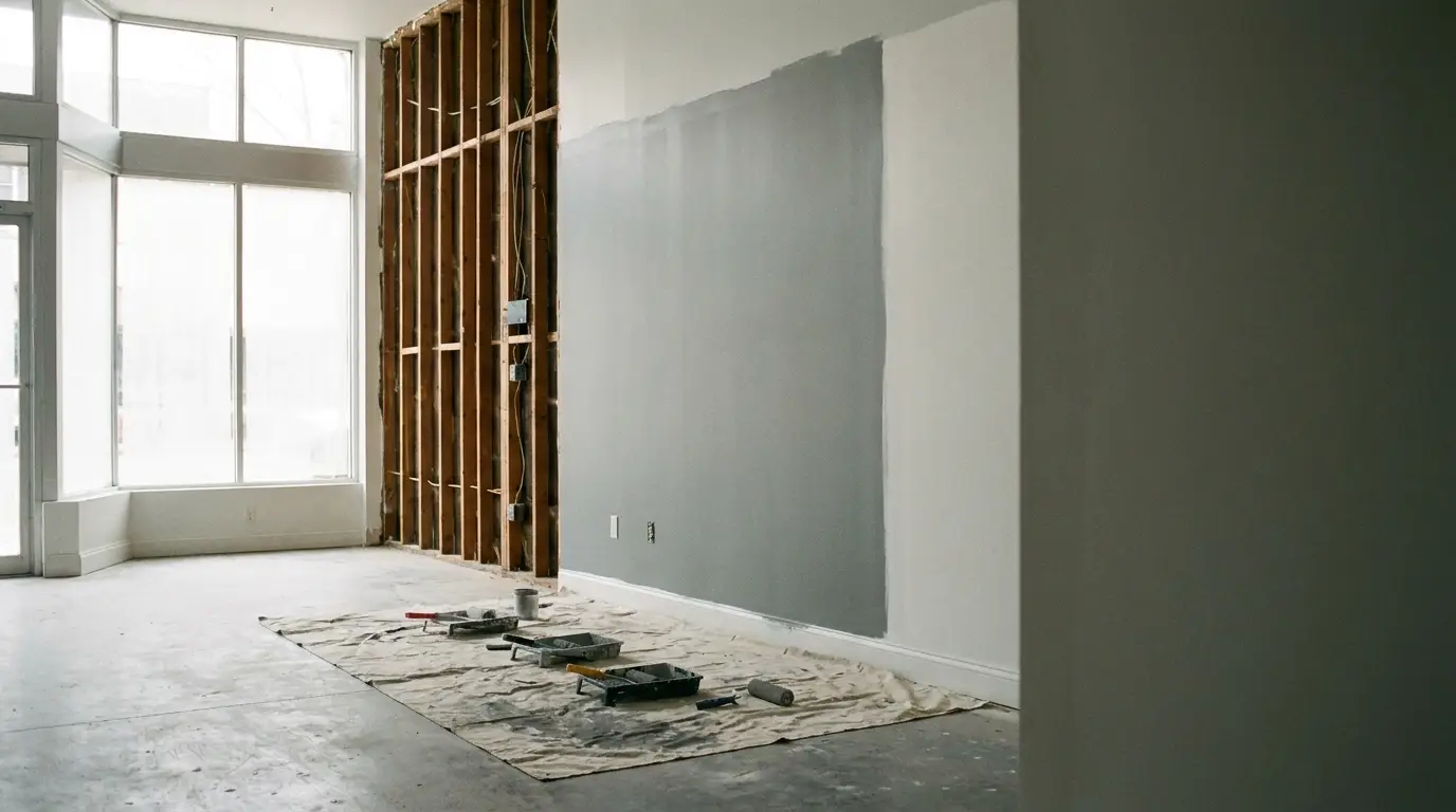 Partially renovated room with exposed wall studs and painting tools on drop cloth