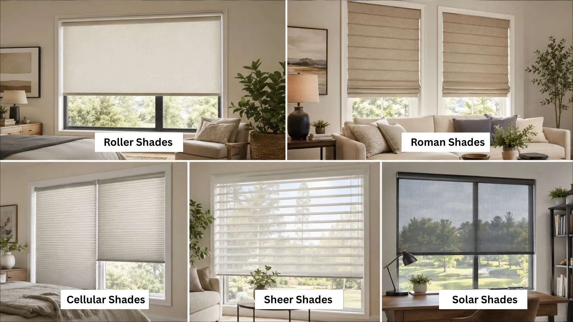 Collage of five window styles: roller shades, Roman shades, cellular shades, sheer shades, and solar shades.