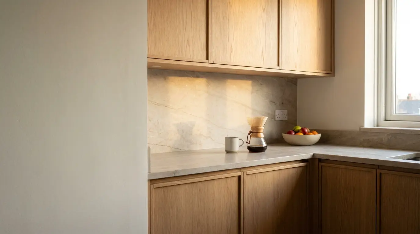 Modern kitchen corner with wooden cabinets, Chemex coffee maker, ceramic mug, and bowl of fruit