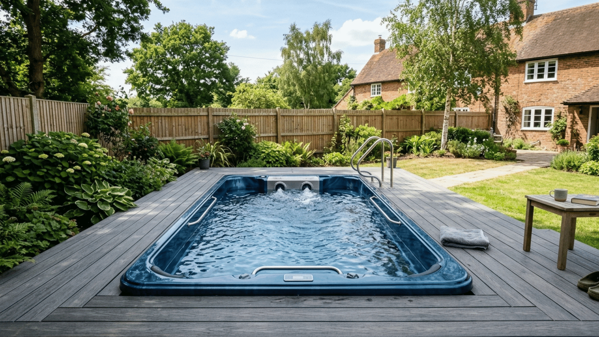 compact endless pool with swim jets in a small yard