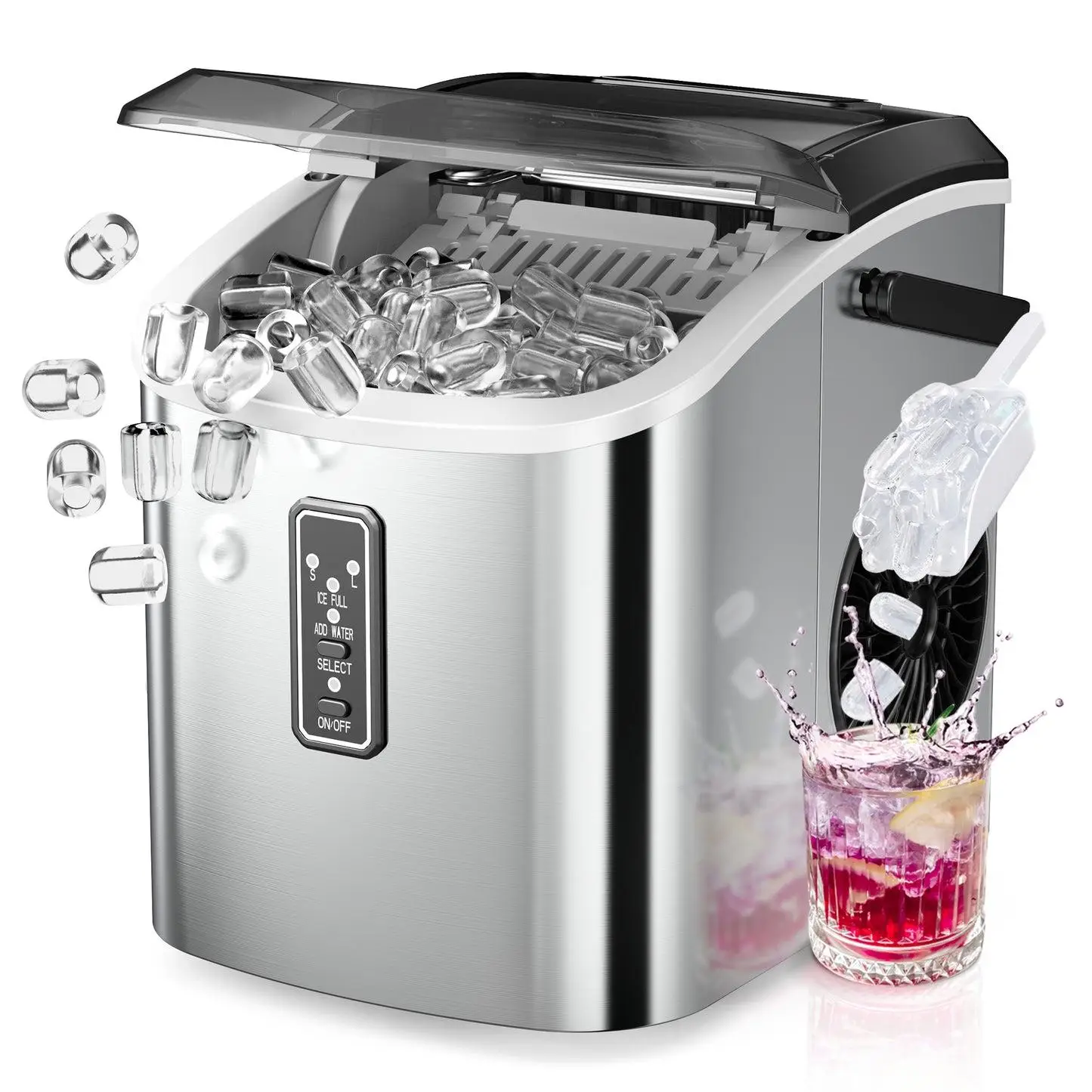 Silver ice maker machine with transparent lid dispensing ice cubes into a glass with pink drink
