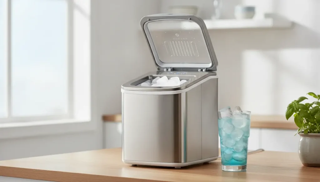 Stainless steel ice maker on wooden countertop in bright kitchen with glass of ice water nearby