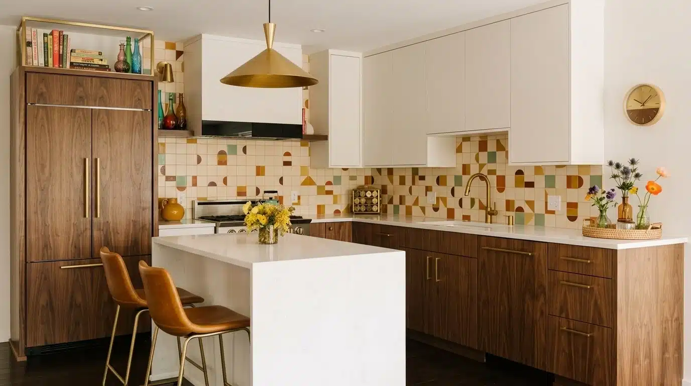 Compact kitchen featuring wooden cabinets, a small island, and a gold pendant light overhead.