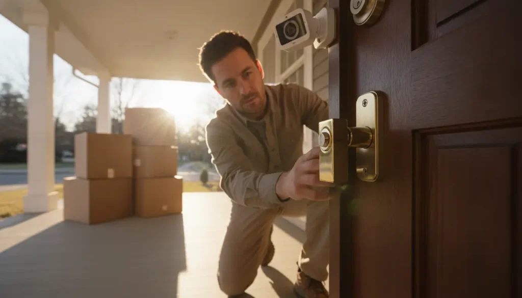 Person installing smart door lock on wooden front door at sunset with security camera visible