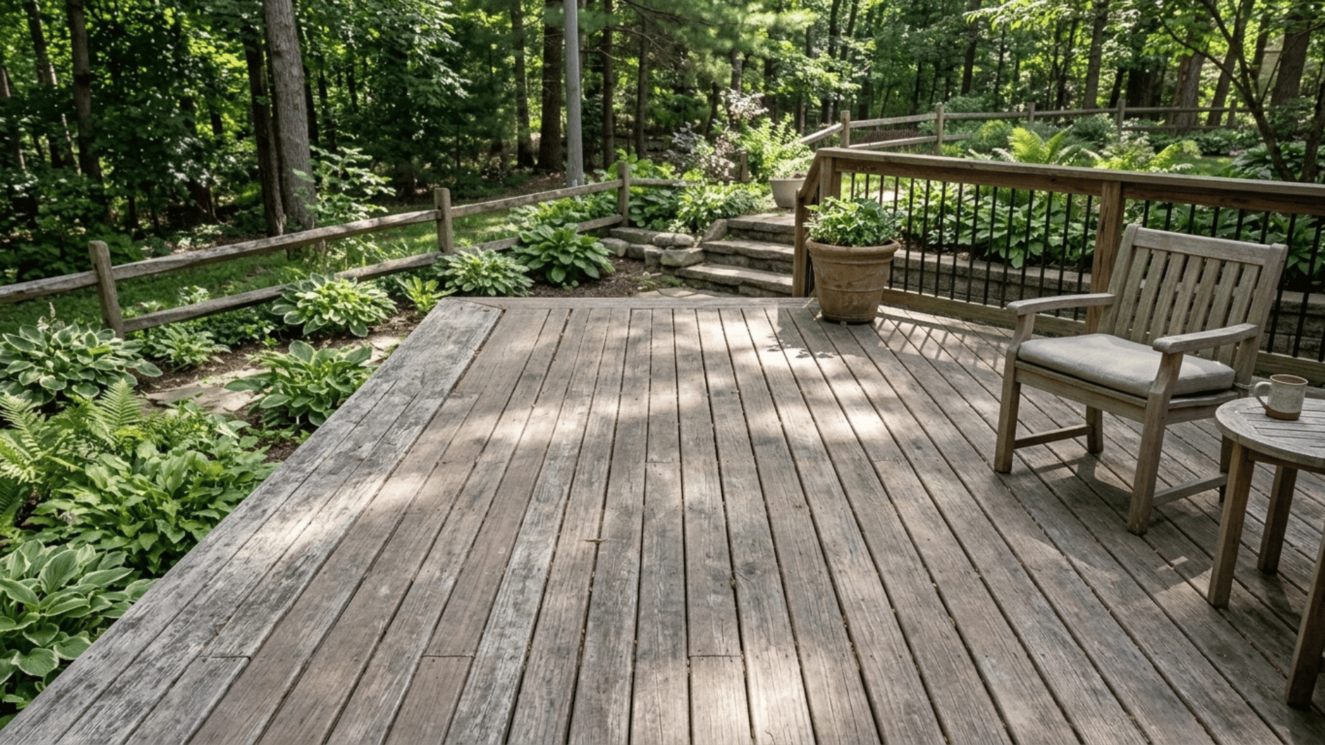 composite deck boards showing different wear and fading patterns