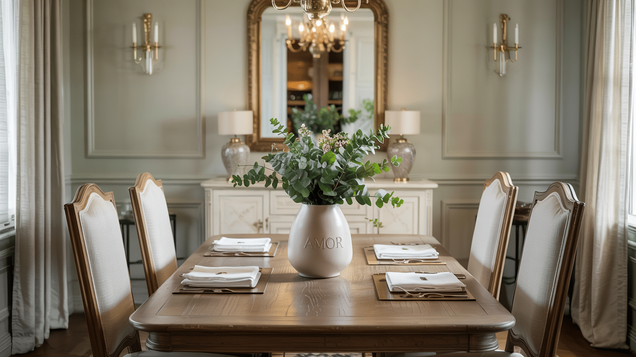 Soft sage dining room with wooden table, cream chairs, floral vase, mirror, and chandelier
