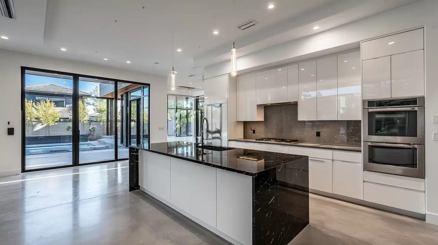 Contemporary kitchen with glossy white cabinets, black waterfall island countertops, polished concrete flooring, and large glass doors that bring in abundant natural light.