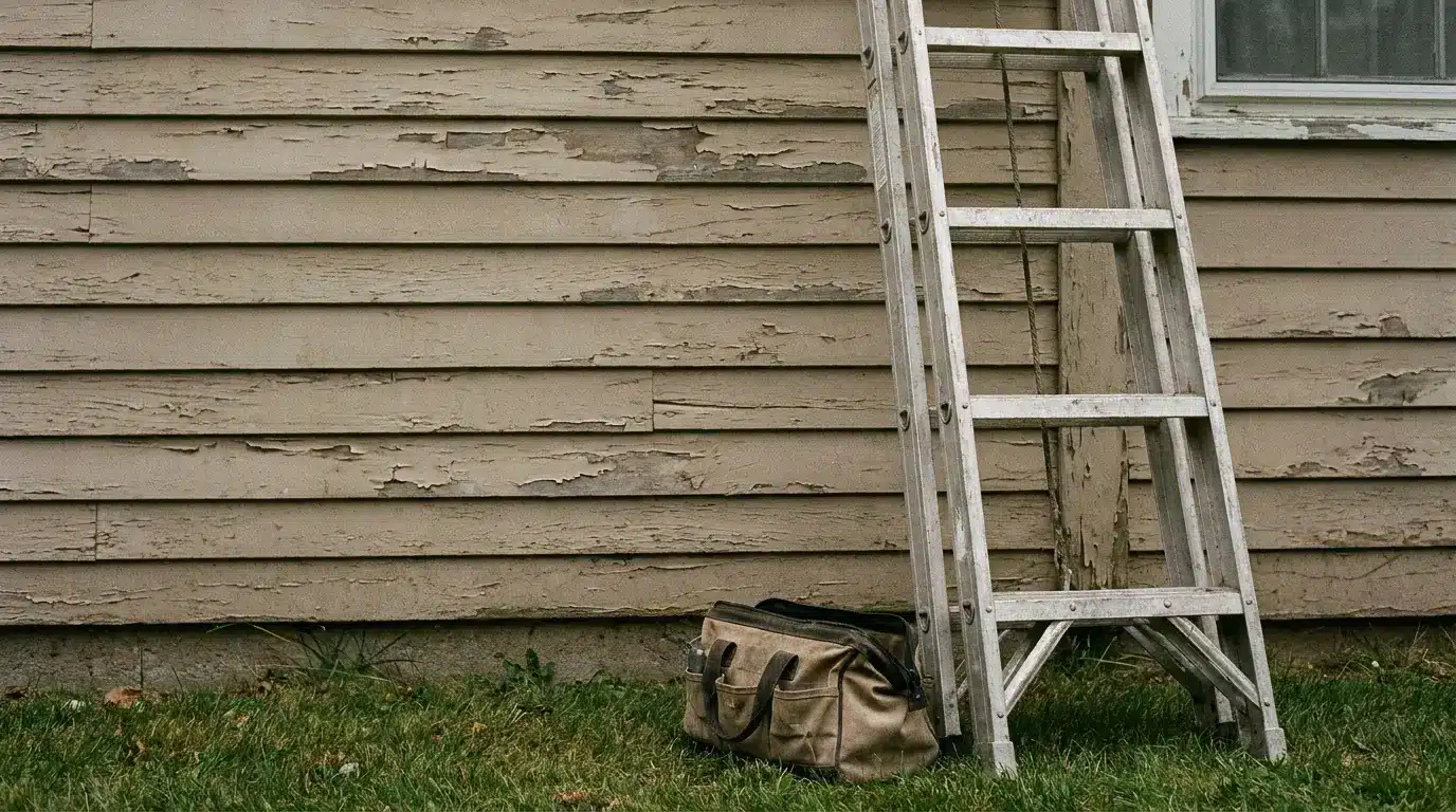 Ladder leaning against weathered wooden siding with tool bag on grass