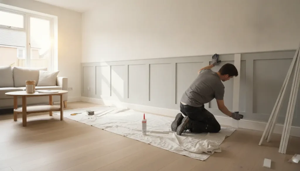 Man installing wainscoting panels in bright living room with light wood floor and beige sofa