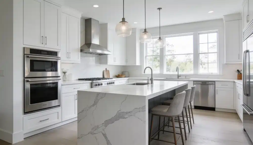Modern kitchen with white quartz waterfall island stainless steel appliances pendant lights and daylight