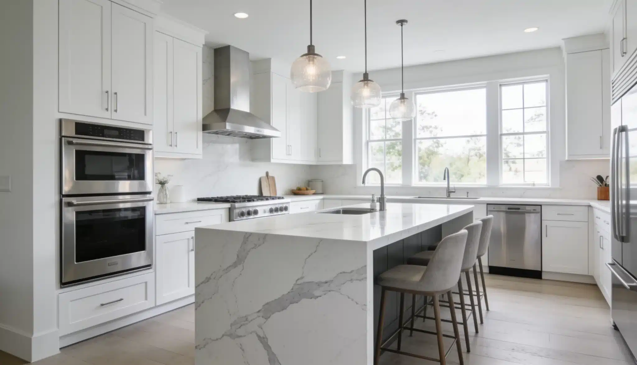 Modern kitchen with white quartz waterfall island stainless steel appliances pendant lights and daylight