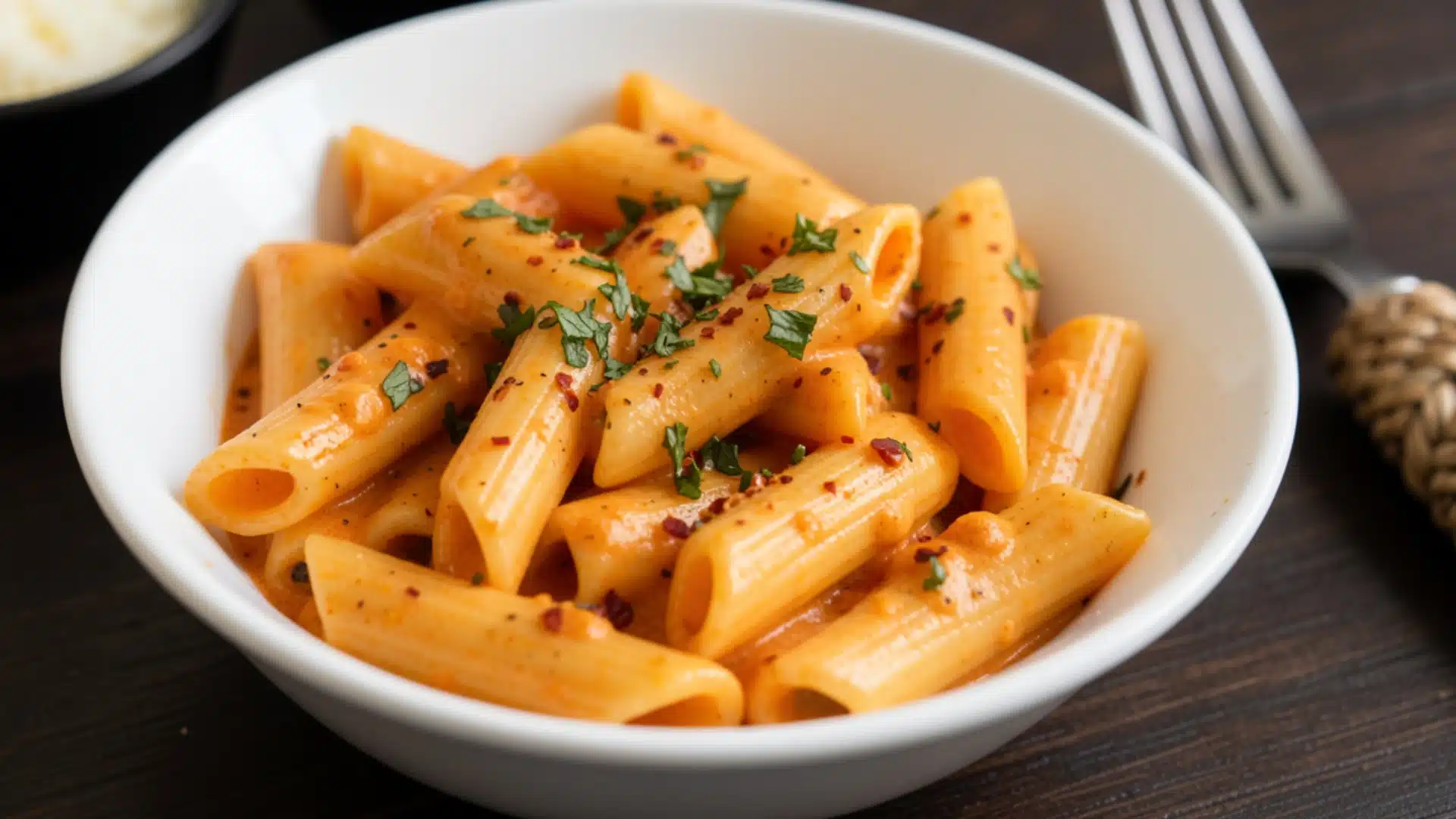 A serving of penne pasta coated in vibrant cottage cheese sauce, presented on a decorative plate.