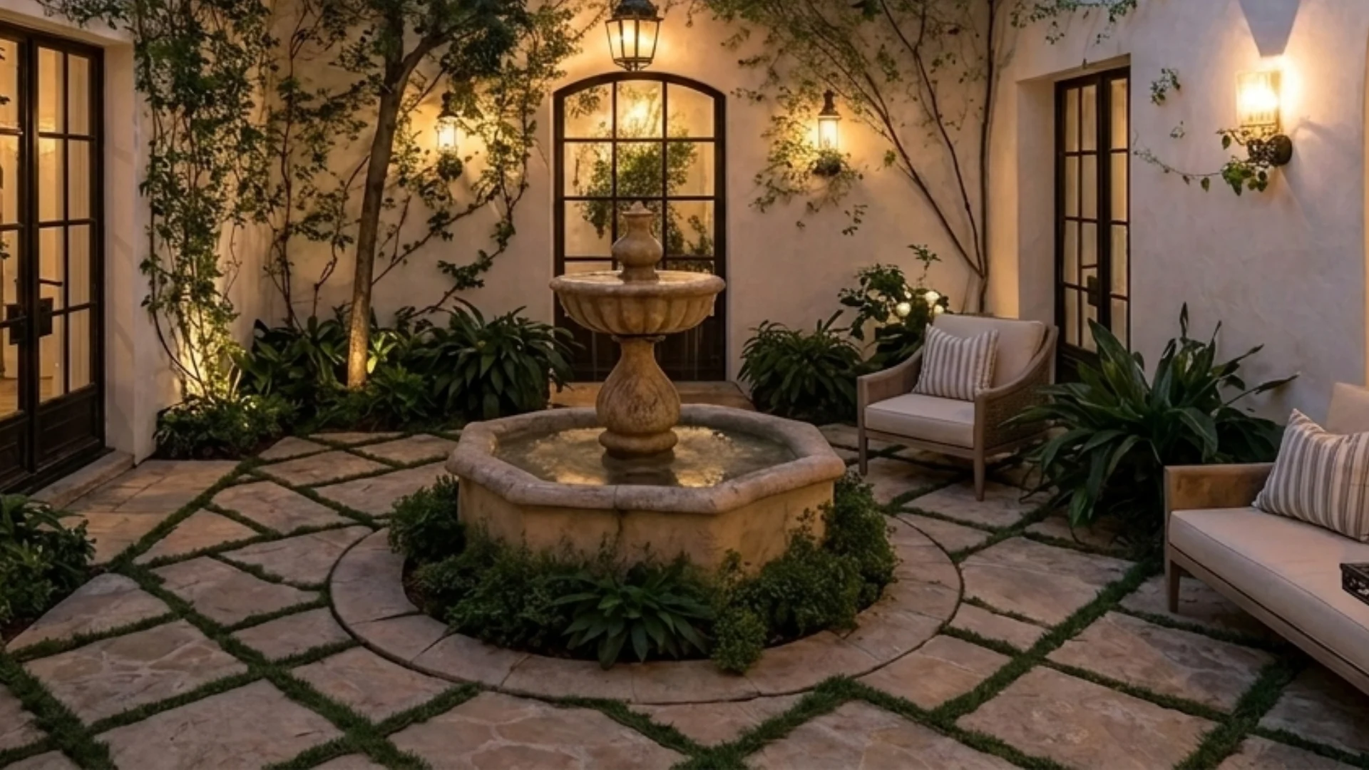 A stone fountain sits in the center of a courtyard paved with large square stones and grass, flanked by seating and illuminated by lanterns.