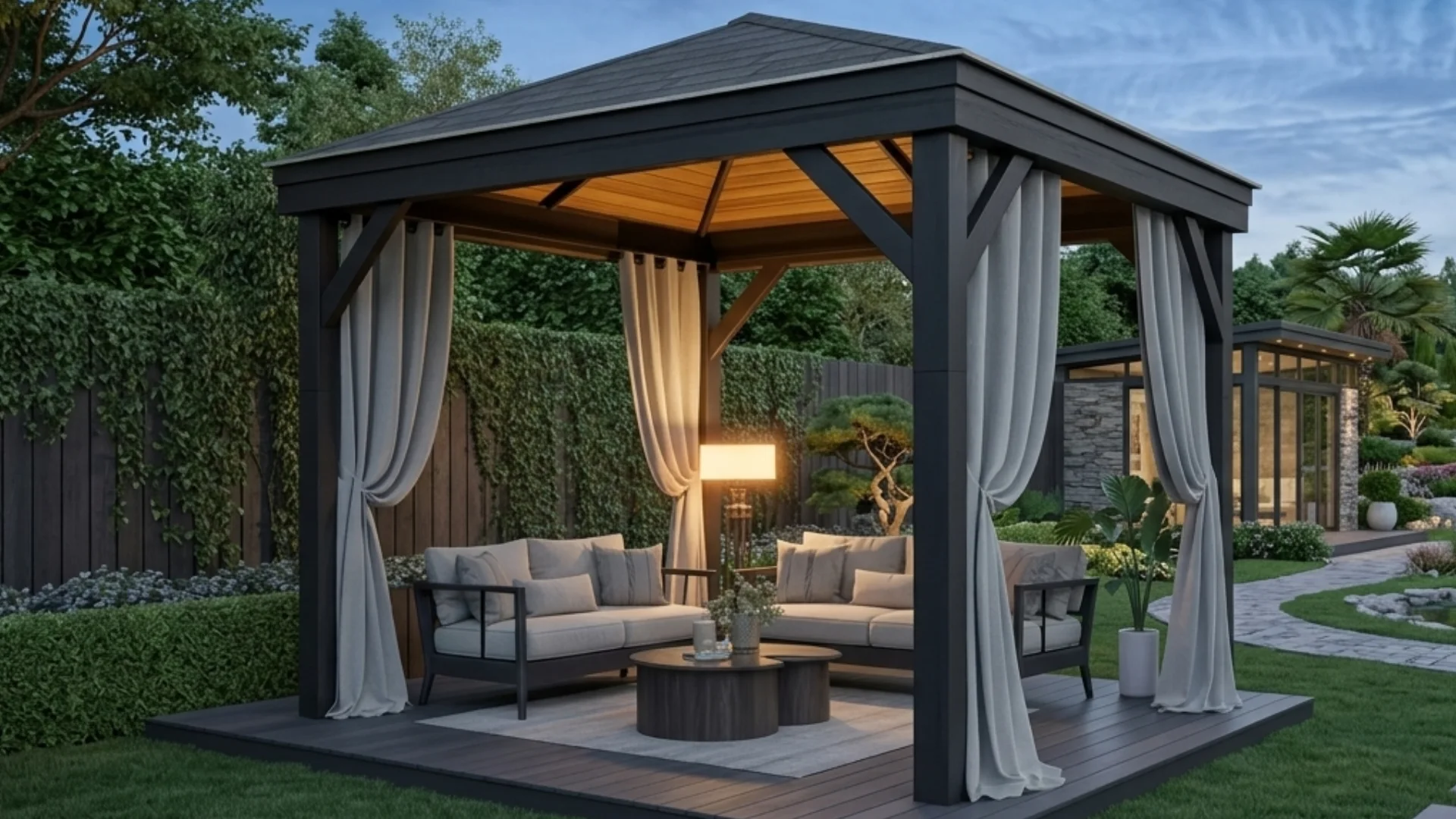 A modern dark wood gazebo with light gray curtains shelters outdoor furniture and a table in a lush garden at dusk.