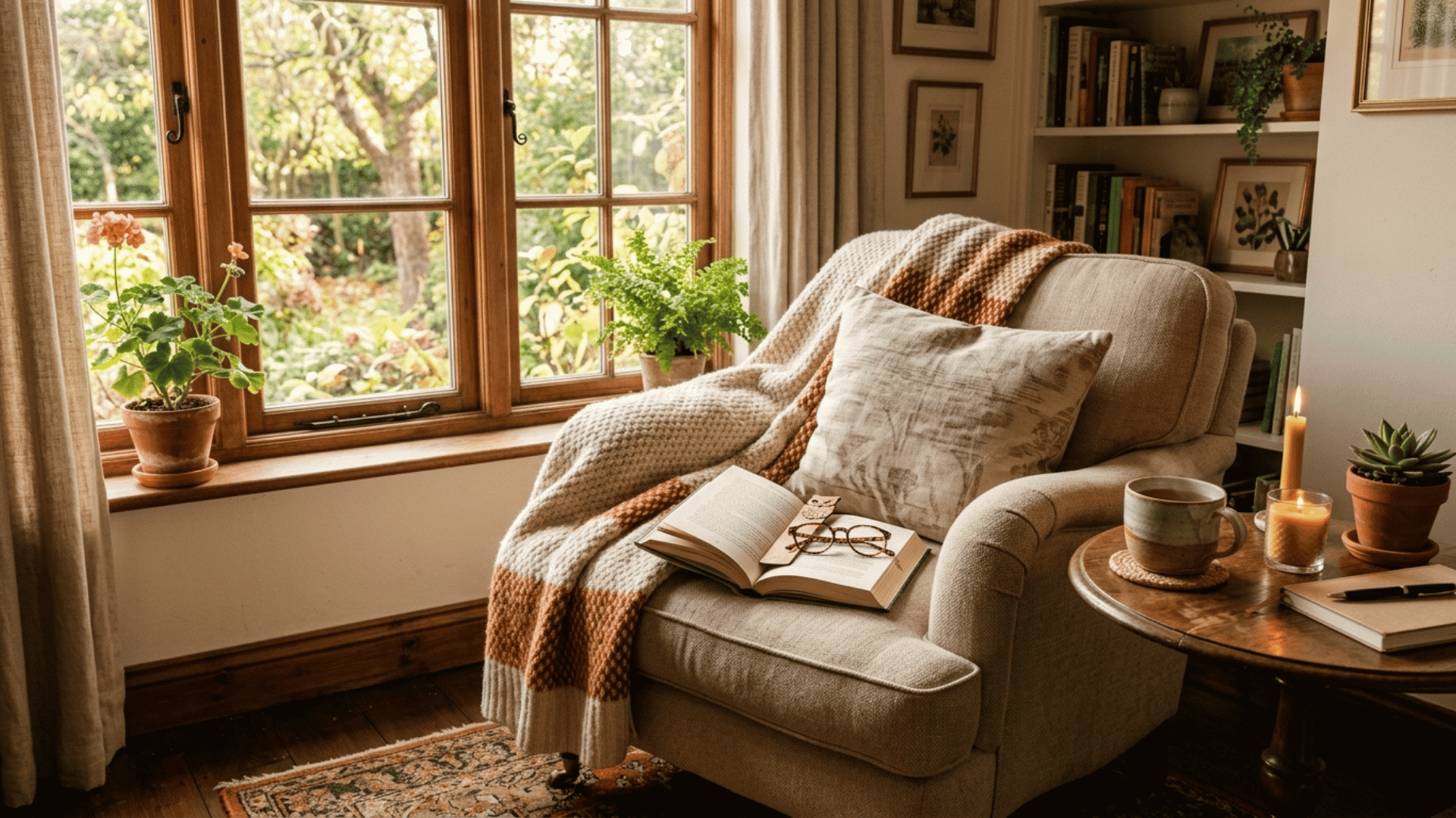 cozy armchair by a window with a book blanket and candle for a relaxing reading nook