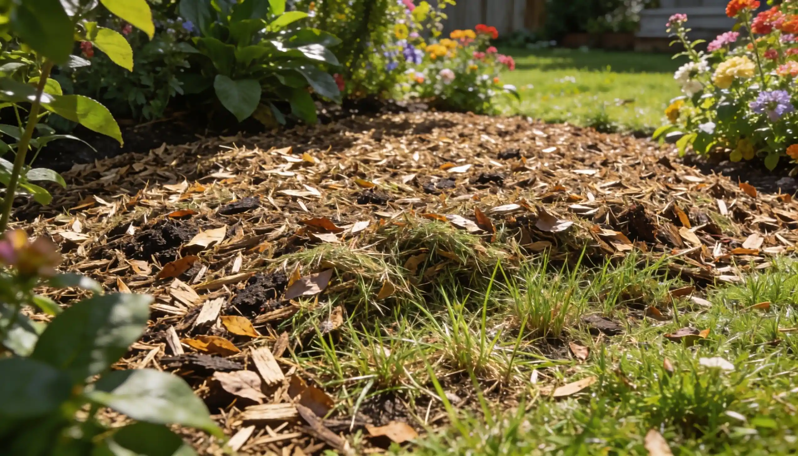 A garden bed covered in wood chip mulch with green grass and colorful flowers in the background.