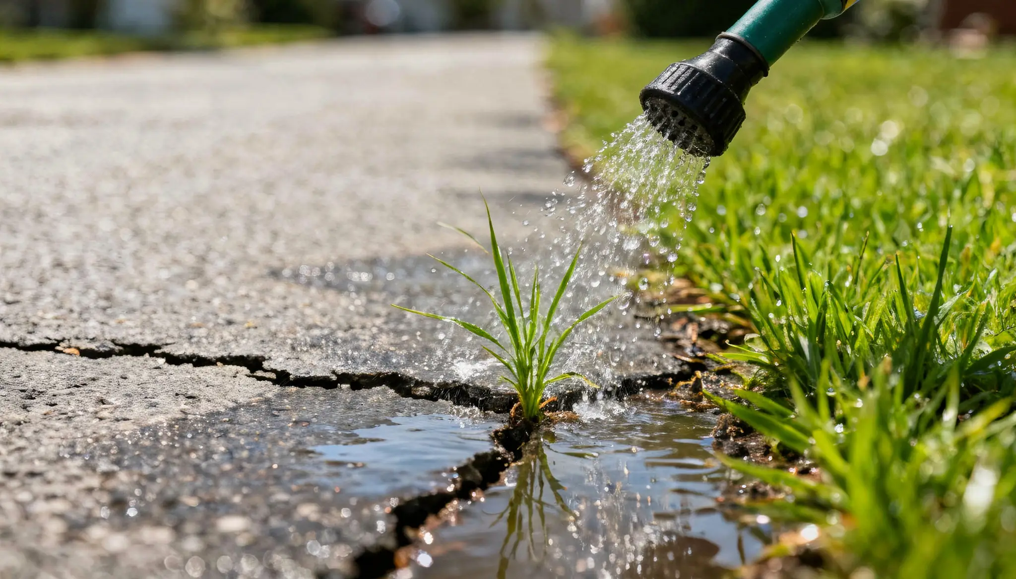 A single blade of grass growing in a crack in asphalt is watered by a garden hose.