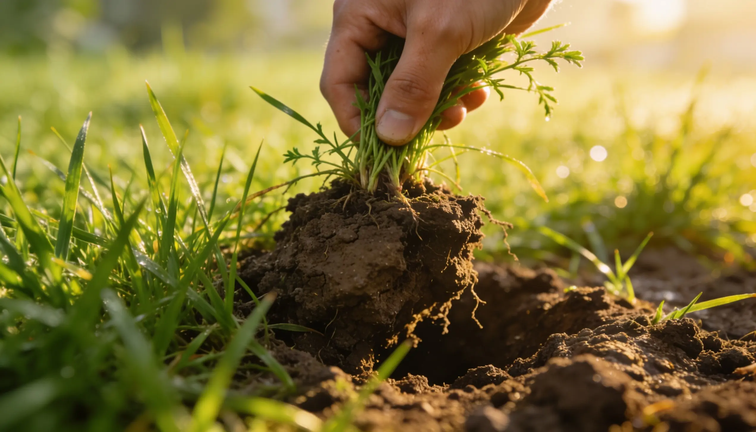 Hand pulling a small plant with a clump of soil and roots from the ground.