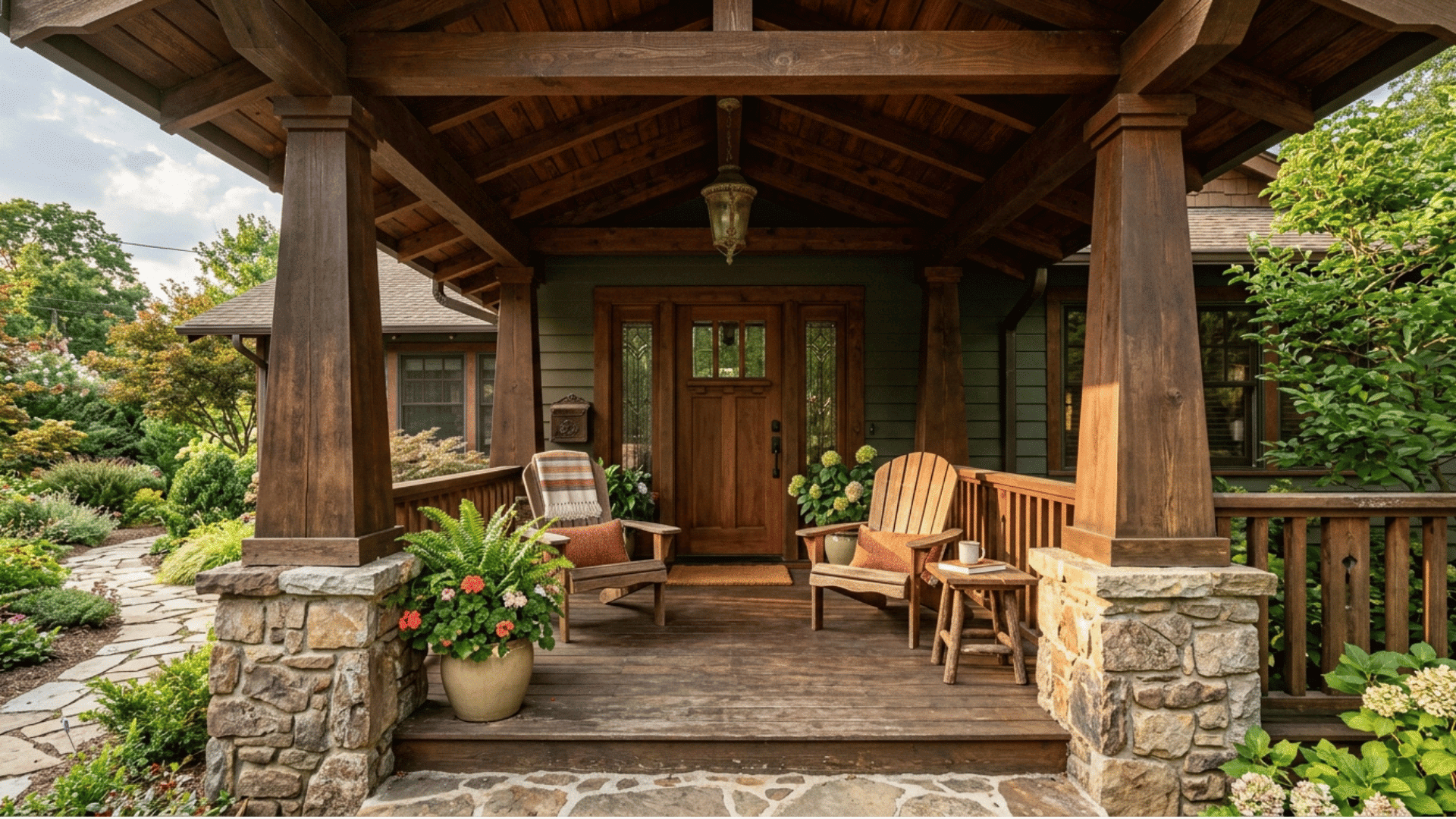 craftsman columns with a stained wood ceiling and lantern
