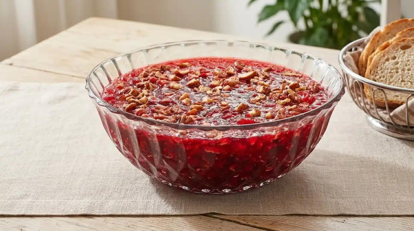 Fresh cranberry salad topped with chopped pecans, served in a clear glass bowl.