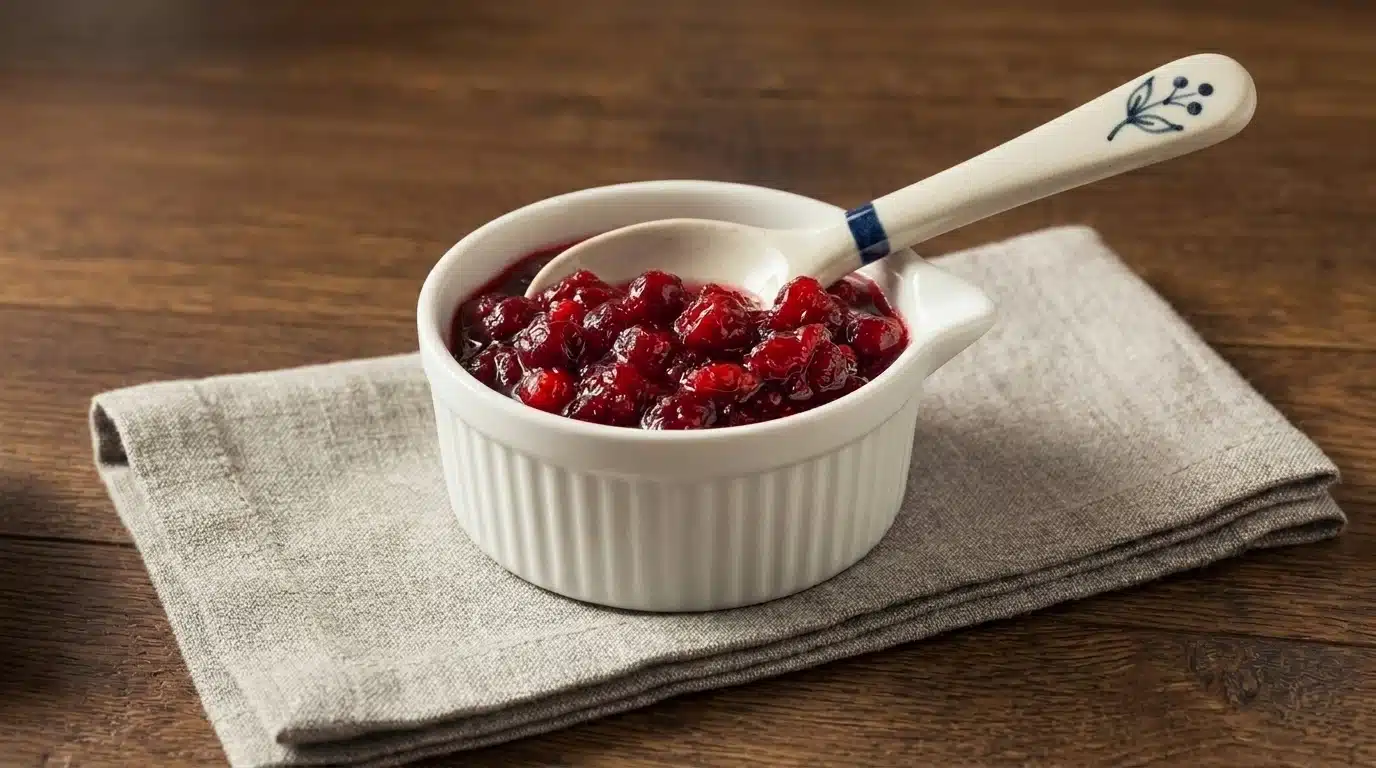 A white bowl filled with cranberry sauce, accompanied by a spoon, resting on a folded napkin.