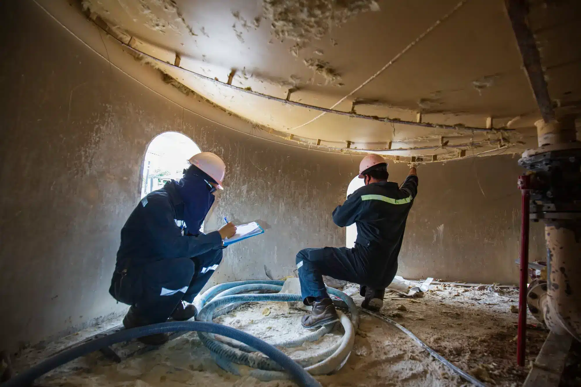 Two workers in protective gear inspecting with clipboard inside industrial tank structure