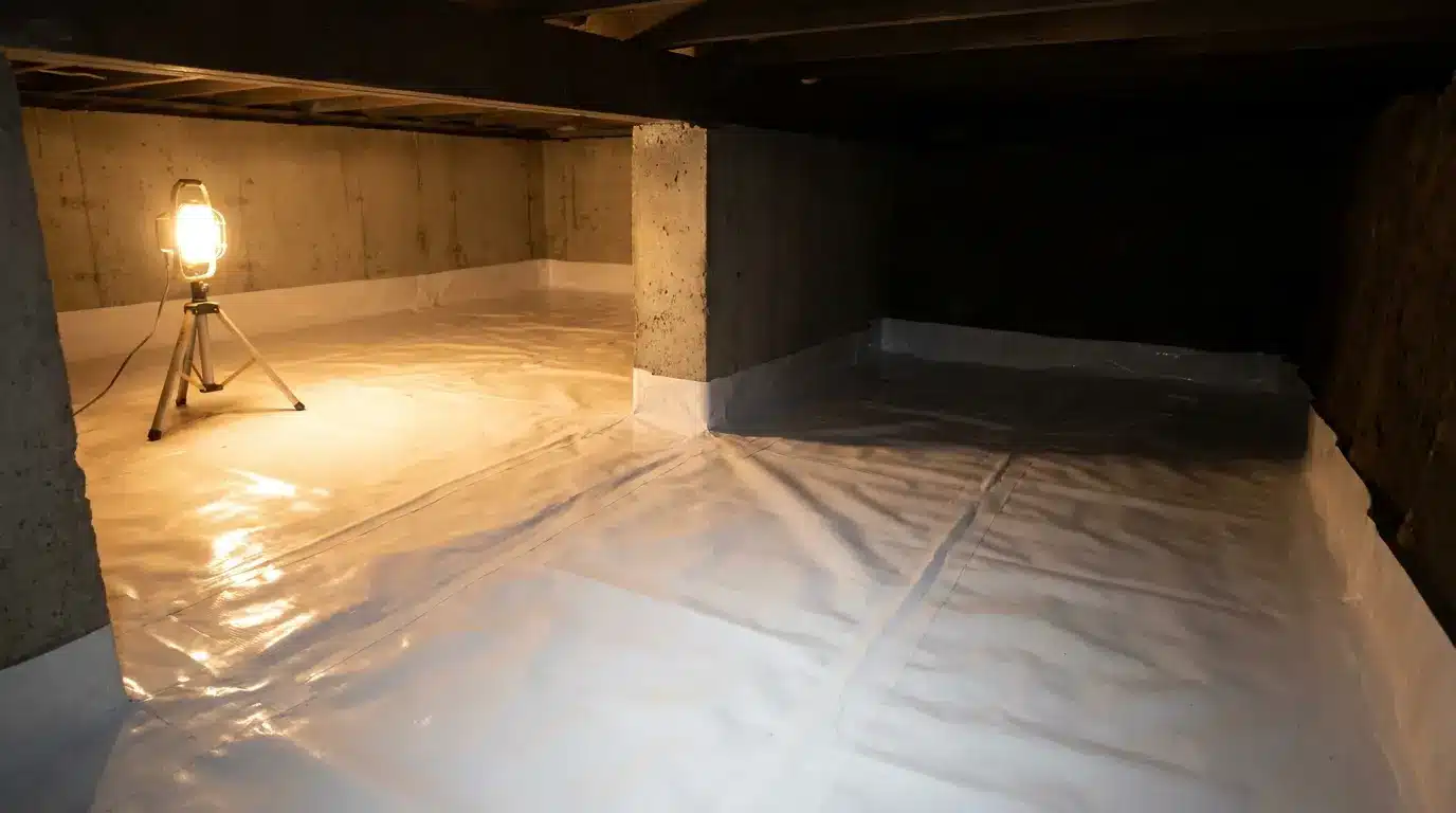 Crawl space with bright work light on tripod and plastic lining covering floor and walls