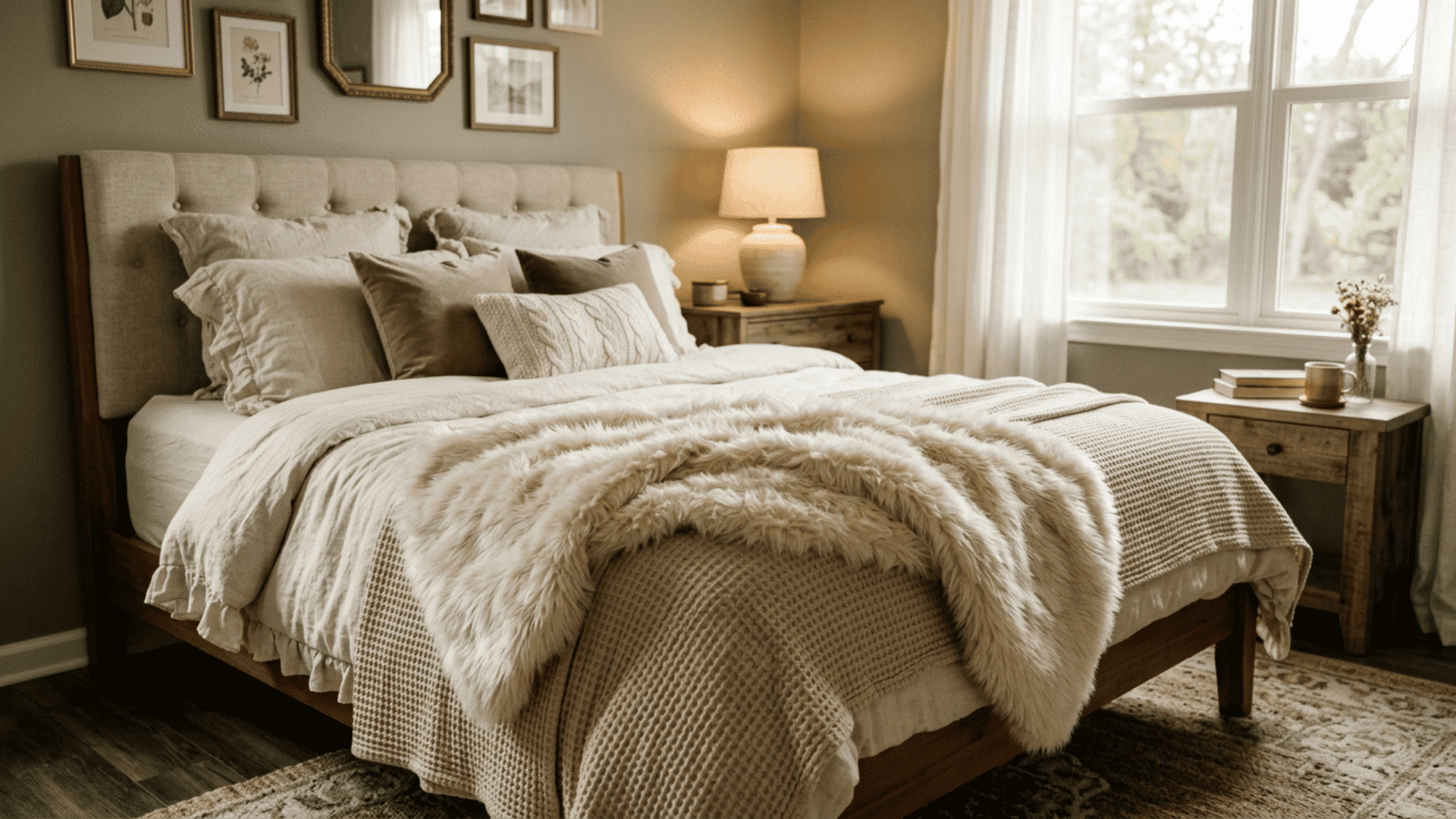 cream faux fur throw draped over a cozy bed with layered neutral bedding and warm lighting