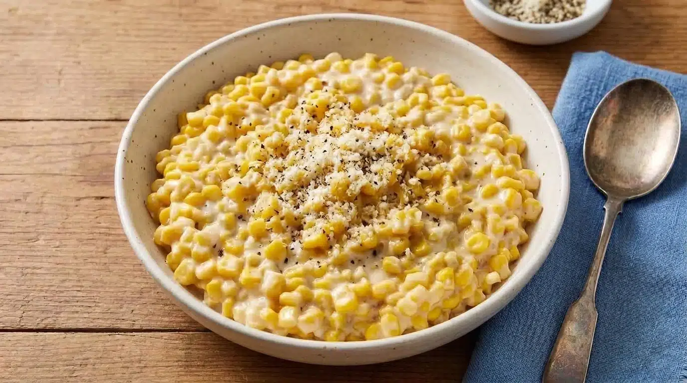 A bowl filled with corn accompanied by a spoon, placed on a rustic wooden surface.