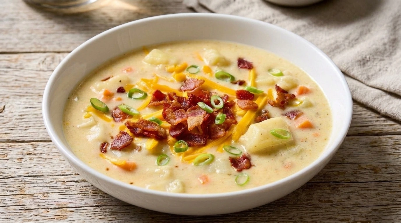Creamy potato soup topped with crispy bacon, shredded cheddar cheese, and sliced green onions.