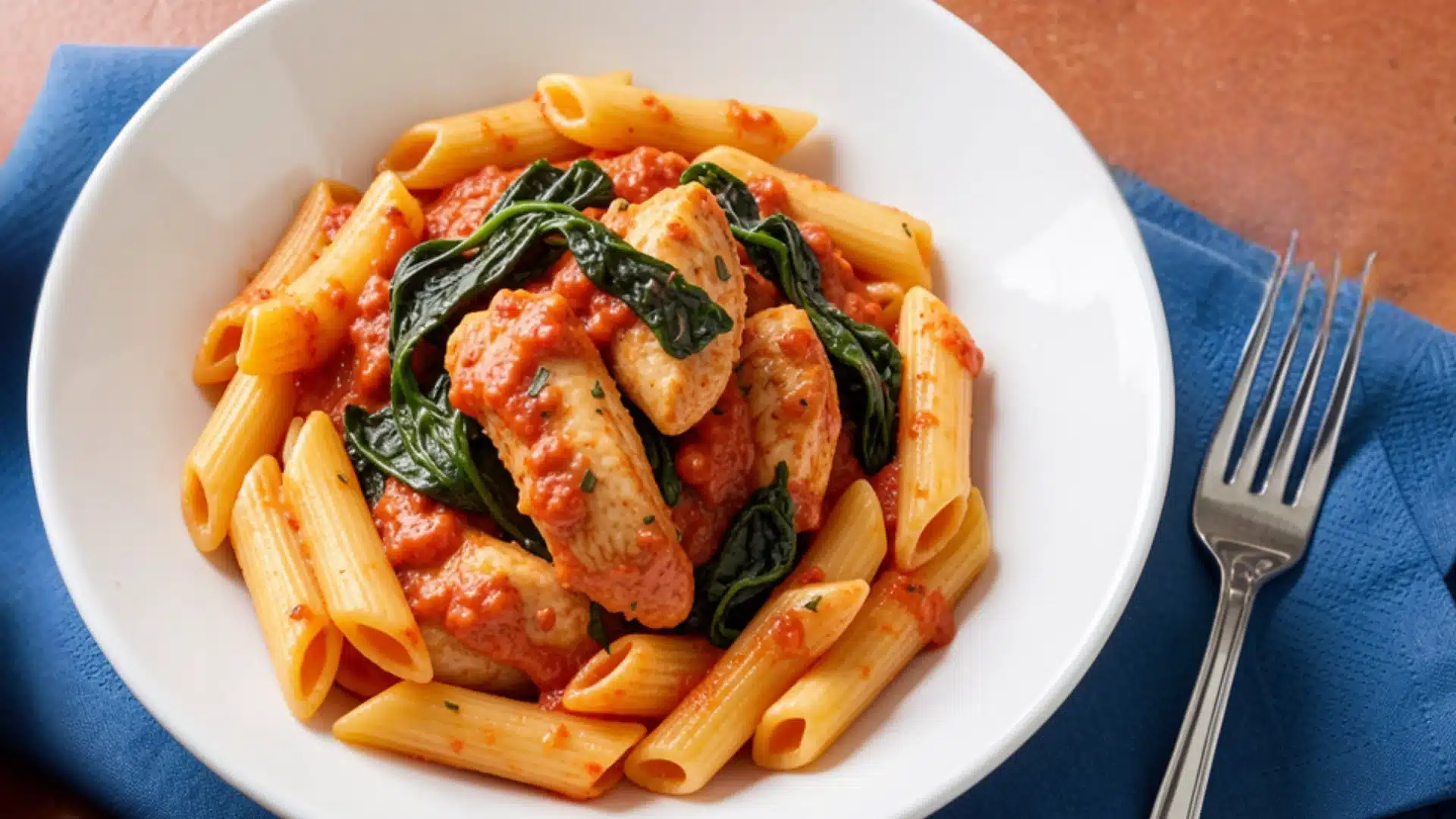 A white plate filled with creamy tuscan pasta and fresh spinach, elegantly arranged for a delicious meal.