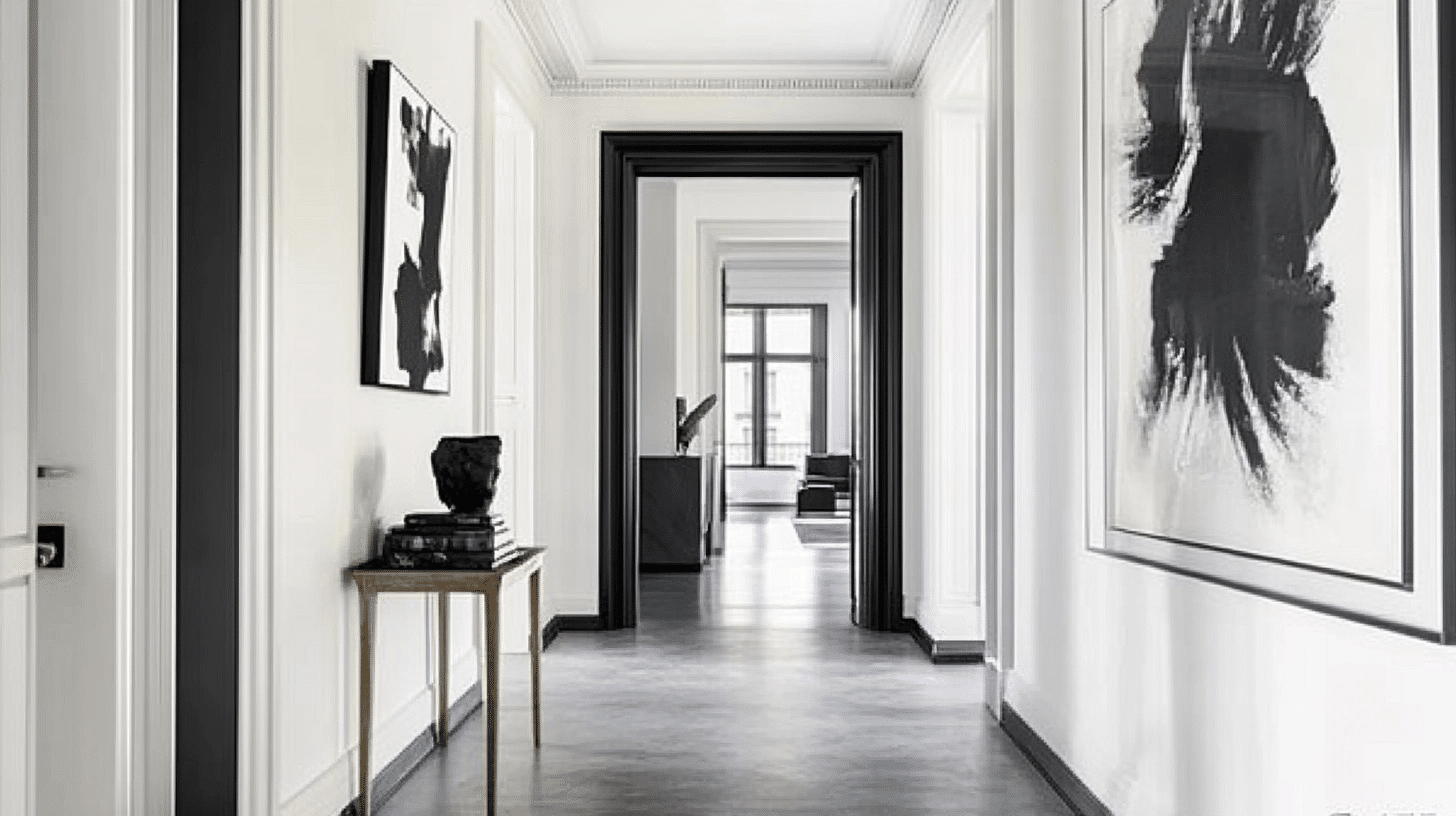 modern monochrome hallway with abstract art and a view into a living room