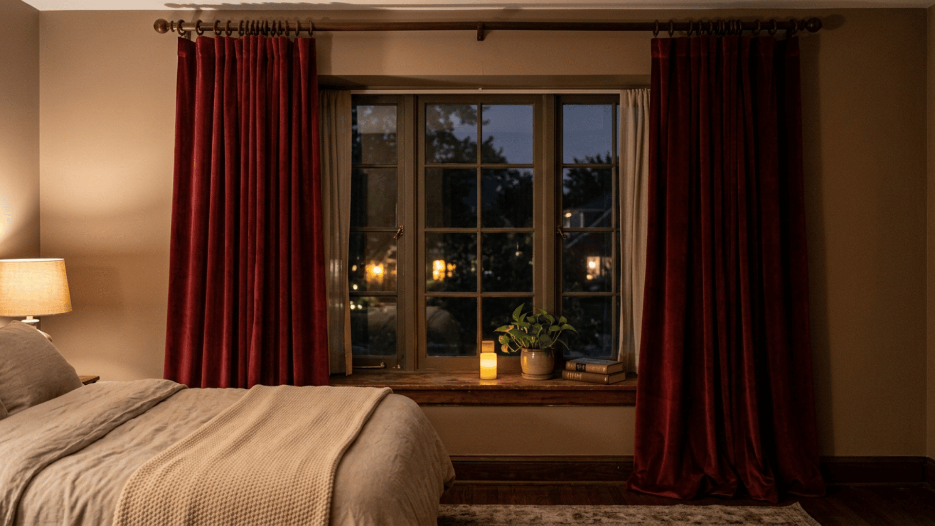 deep red curtains framing a bedroom window with soft candlelight and cozy evening ambiance