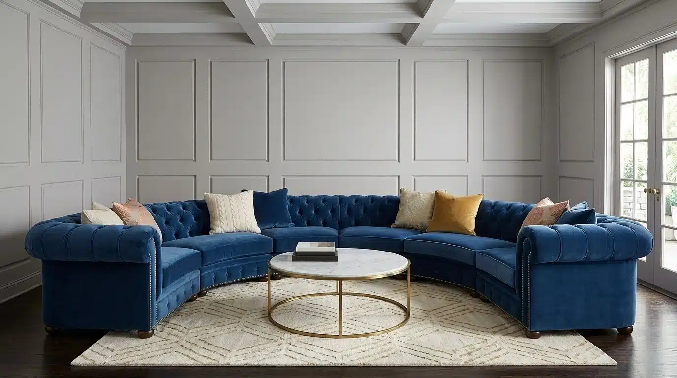 A blue velvet curved sectional sofa positioned in a stylish living room setting.