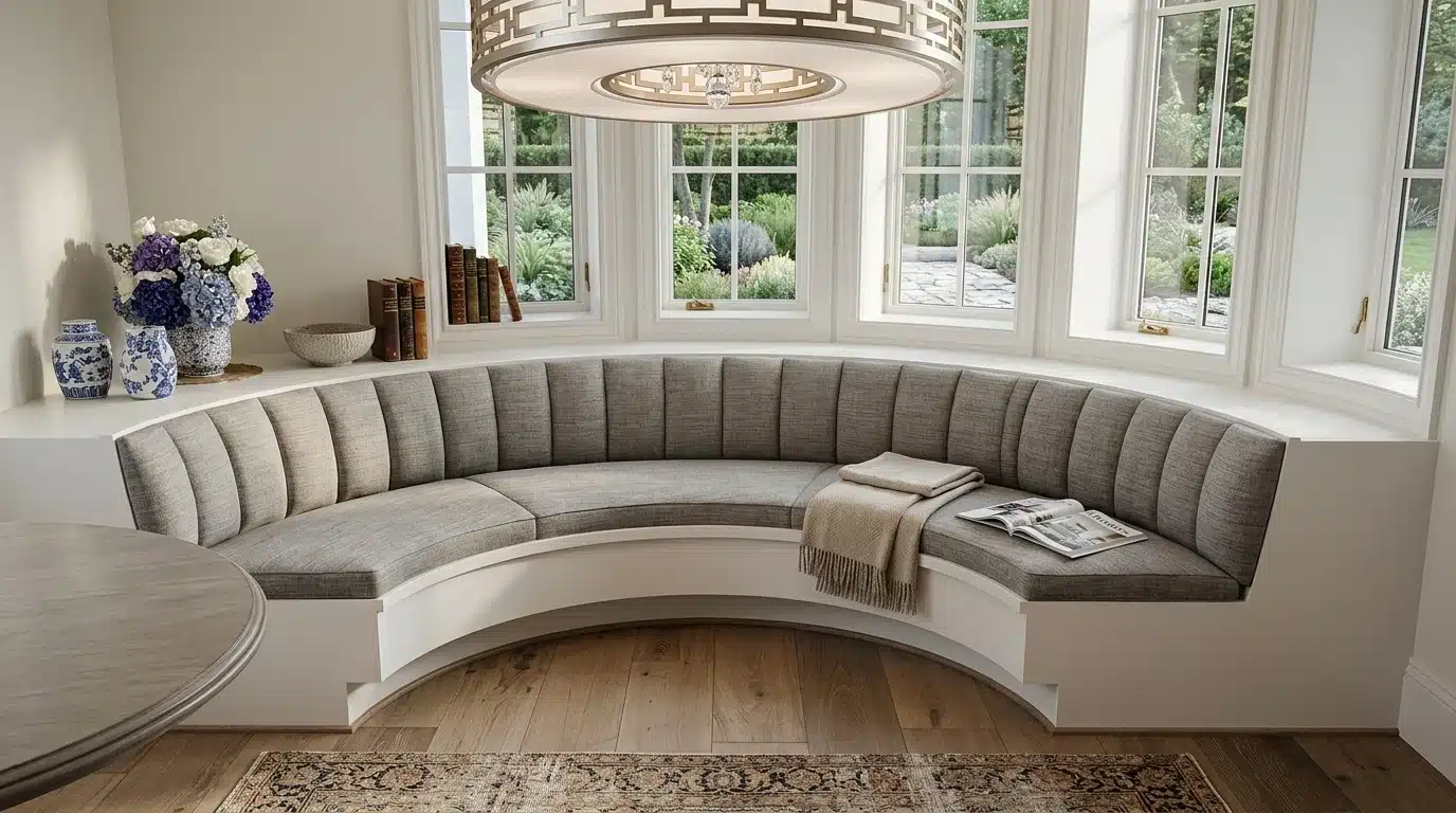 A circular bench located in a room with ample natural light from surrounding windows, enhancing the space's openness.